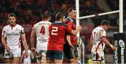28 November 2014; Robin Copeland, Munster, is congratulated by team-mate Duncan Casey, after scoring his side's first try. Guinness PRO12, Round 9, Munster v Ulster. Thomond Park, Limerick. Picture credit: Stephen McCarthy / SPORTSFILE
