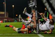 28 November 2014; Duncan Williams, Munster, scores his side's second try of the game despite the tackle from Ulster's Craig Gilroy and Paul Marshall. Guinness PRO12, Round 9, Munster v Ulster, Thomond Park, Limerick. Picture credit: Diarmuid Greene / SPORTSFILE
