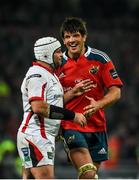 28 November 2014; Munster captain Donncha O'Callaghan and Ulster captain Rory Best in conversation during the second half. Guinness PRO12, Round 9, Munster v Ulster, Thomond Park, Limerick. Picture credit: Diarmuid Greene / SPORTSFILE