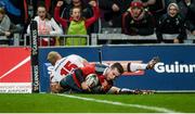 28 November 2014; JJ Hanrahan, Munster, narrowly misses scoring a try as he is tackled into touch by Stuart Olding, Ulster. Guinness PRO12, Round 9, Munster v Ulster, Thomond Park, Limerick. Picture credit: Diarmuid Greene / SPORTSFILE