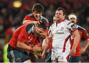 28 November 2014; CJ Stander, left, and Donncha O'Callaghan, Munster, celebrate gaining possession to kill off the game. Guinness PRO12, Round 9, Munster v Ulster, Thomond Park, Limerick. Picture credit: Diarmuid Greene / SPORTSFILE
