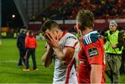 28 November 2014; Ulster's Ian Humphreys gets a pat on the back by Munster's Ian Keatley after the game. Guinness PRO12, Round 9, Munster v Ulster, Thomond Park, Limerick. Picture credit: Diarmuid Greene / SPORTSFILE