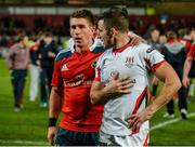 28 November 2014; Ulster's Ian Humphreys is consoled by Munster's Ian Keatley after the game. Guinness PRO12, Round 9, Munster v Ulster, Thomond Park, Limerick. Picture credit: Diarmuid Greene / SPORTSFILE