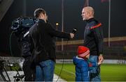 28 November 2014; Munster's Paul O'Connell is interviewed for BBC NI after the game as he holds hands with his four-year-old son, Paddy. Guinness PRO12, Round 9, Munster v Ulster, Thomond Park, Limerick. Picture credit: Diarmuid Greene / SPORTSFILE