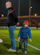28 November 2014; Munster's Paul O'Connell is interviewed for BBC NI after the game as his four-year-old son, Paddy, stands by his side. Guinness PRO12, Round 9, Munster v Ulster, Thomond Park, Limerick. Picture credit: Diarmuid Greene / SPORTSFILE