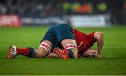 28 November 2014; Robin Copeland, Munster, stays down after a collision. Guinness PRO12, Round 9, Munster v Ulster, Thomond Park, Limerick. Picture credit: Diarmuid Greene / SPORTSFILE
