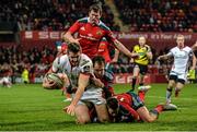 28 November 2014; Stuart McCloskey, Ulster, in action against Denis Hurley, Andrew Smith and Ian Keatley, Munster. Guinness PRO12, Round 9, Munster v Ulster, Thomond Park, Limerick. Picture credit: Diarmuid Greene / SPORTSFILE