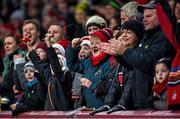 28 November 2014; Munster supporters celebrate a score for their side. Guinness PRO12, Round 9, Munster v Ulster, Thomond Park, Limerick. Picture credit: Diarmuid Greene / SPORTSFILE