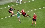 28 September 2014; Caroline Little, Fermanagh, scores a goal despite the efforts of Down's Sinéad Brannigan, extreme left, and Eliza Downey, centre. TG4 All-Ireland Ladies Football Intermediate Championship Final, Down v Fermanagh. Croke Park, Dublin. Picture credit: Ray McManus / SPORTSFILE