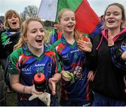 29 November 2014; Alannagh Russell, left, and Saoirse Barry, Murroe Boher, celebrate at the end of the match. TESCO Homegrown All Ireland Junior Club Championship Final, Murroe Boher, Limerick v St. Ciaran's, Roscommon, Ballinasloe, Co. Galway. Picture credit: Ray Ryan / SPORTSFILE