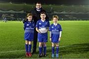 29 November 2014; Bank of Ireland Mascots Niall O'Kane, left, aged 10, and his brother Conor O' Kane, right, aged 7, and Cian Domican, age 12, from Kill, Co. Kildare, with Leinster's Shane Jennings ahead of the Guinness PRO12, Round 9, match between Leinster v Ospreys, RDS, Ballsbridge, Dublin. Picture credit: Brendan Moran / SPORTSFILE