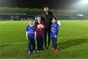 29 November 2014; Bank of Ireland Mascots Niall O'Kane, right, aged 10, and his brother Conor O' Kane, left, aged 7, and Cian Domican, age 12, from Kill, Co. Kildare, with former Leinster winger Shane Horgan ahead of the Guinness PRO12, Round 9, match between Leinster v Ospreys, RDS, Ballsbridge, Dublin. Picture credit: Brendan Moran / SPORTSFILE