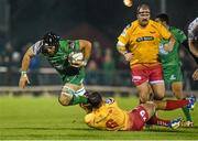 29 November 2014; John Muldoon, Connacht, is tackled by Aaron Shingler, Scarlets. Guinness PRO12, Round 9, Connacht v Scarlets, The Sportsground, Galway. Picture credit: Matt Browne / SPORTSFILE