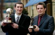 25 January 2005; Jason Byrne, left, Shelbourne, who received the PFAI Player of the year award with Kevin McHugh, Finn Harps, who received the PFAI 1st Division player of the year award. Burlington Hotel, Dublin. Picture credit; David Maher / SPORTSFILE