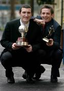 25 January 2005; Jason Byrne, left, Shelbourne, who received the PFAI Player of the year award with Kevin McHugh, Finn Harps, who received the PFAI 1st Division player of the year award. Burlington Hotel, Dublin. Picture credit; David Maher / SPORTSFILE