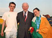 24 July 2007; OCI President Pat Hickey with Noel Collins, from Omagh, Co. Tyrone, who won a silver medal in the boys 2000m Steeplechase the previous evening, and Niamh Whelan, Co. Waterford, who won a bronze medal in the girls 100m final and also set a new personal best of 11.87. European Youth Olympic Festival, Belgrade, Serbia. Picture credit: Tomás Greally / SPORTSFILE