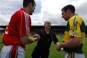 1 July 2007; Referee Marty Duffy speaks to the Kerry and Cork captains Derek Kavanagh and Declan O'Sullivan before the game. Bank of Ireland Munster Senior Football Championship Final, Kerry v Cork, Fitzgerald Stadium, Killarney, Co. Kerry. Picture credit: Ray McManus / SPORTSFILE