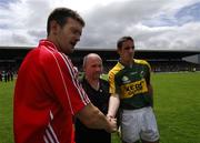 1 July 2007; Referee Marty Duffy with Kerry and Cork captains Derek Kavanagh and Declan O'Sullivan, right, before the game. Bank of Ireland Munster Senior Football Championship Final, Kerry v Cork, Fitzgerald Stadium, Killarney, Co. Kerry. Picture credit: Ray McManus / SPORTSFILE