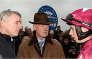 30 November 2014; Michael O'Leary, left, CEO of Ryanair, and trainer Willie Mullins speaking Jockey Bryan Cooper after he rode Valseur Lido to win The Bar One Racing Drinmore Novice Steeplechase. Horse Racing from Fairyhouse, Co. Meath Picture credit: Barry Cregg / SPORTSFILE