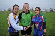 29 November 2014; Murroe Boher captain Paula Daly shakes hands with St. Ciaran's captain Louise Crowley with Referee Brendan Rice. TESCO Homegrown All Ireland Junior Club Championship Final, Murroe Boher, Limerick v St. Ciaran's, Roscommon, Ballinasloe, Co. Galway. Picture credit: Ray Ryan / SPORTSFILE