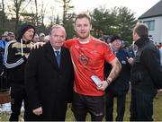 29 November 2014; Robert Hennelly, 2013 All Stars, is presented with the man of the match award by Uachtarán Chumann Lúthchleas Gael Liam Ó Néill after the game. GAA GPA All Star Tour 2014, sponsored by Opel, 2013 All Stars v 2014 All Stars. Irish Cultural Centre, New Boston Dr, Canton, Massachusetts, USA. Picture credit: Ray McManus / SPORTSFILE