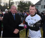 29 November 2014; Colm Boyle, Mayo, 2013 All Stars, is presented with a medal after the game by Uachtarán Chumann Lúthchleas Gael Liam Ó Néill. GAA GPA All Star Tour 2014, sponsored by Opel, 2013 All Stars v 2014 All Stars. Irish Cultural Centre, New Boston Dr, Canton, Massachusetts, USA. Picture credit: Ray McManus / SPORTSFILE