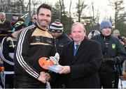 29 November 2014; Paul Durcan, Donegal, 2014 All Stars, is presented with a medal after the game by Uachtarán Chumann Lúthchleas Gael Liam Ó Néill. GAA GPA All Star Tour 2014, sponsored by Opel, 2013 All Stars v 2014 All Stars. Irish Cultural Centre, New Boston Dr, Canton, Massachusetts, USA. Picture credit: Ray McManus / SPORTSFILE