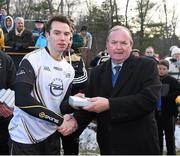 29 November 2014; Tony Kernan, Armagh, 2013 All Stars, is presented with a medal after the game by Uachtarán Chumann Lúthchleas Gael Liam Ó Néill. GAA GPA All Star Tour 2014, sponsored by Opel, 2013 All Stars v 2014 All Stars. Irish Cultural Centre, New Boston Dr, Canton, Massachusetts, USA. Picture credit: Ray McManus / SPORTSFILE
