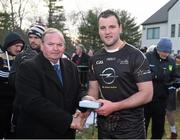 29 November 2014; Michael Murphy, Donegal, 2014 All Stars, is presented with a medal after the game by Uachtarán Chumann Lúthchleas Gael Liam Ó Néill. GAA GPA All Star Tour 2014, sponsored by Opel, 2013 All Stars v 2014 All Stars. Irish Cultural Centre, New Boston Dr, Canton, Massachusetts, USA. Picture credit: Ray McManus / SPORTSFILE