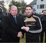 29 November 2014; Ryan McHugh, Donegal, 2014 All Stars, is presented with a medal after the game by Uachtarán Chumann Lúthchleas Gael Liam Ó Néill. GAA GPA All Star Tour 2014, sponsored by Opel, 2013 All Stars v 2014 All Stars. Irish Cultural Centre, New Boston Dr, Canton, Massachusetts, USA. Picture credit: Ray McManus / SPORTSFILE