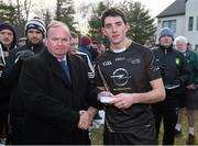 29 November 2014; Colin O'Riordan, Tipperary, 2014 All Stars, is presented with a medal after the game by Uachtarán Chumann Lúthchleas Gael Liam Ó Néill. GAA GPA All Star Tour 2014, sponsored by Opel, 2013 All Stars v 2014 All Stars. Irish Cultural Centre, New Boston Dr, Canton, Massachusetts, USA. Picture credit: Ray McManus / SPORTSFILE