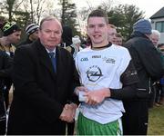 29 November 2014; Ciaran McDevitt is presented with a medal after the game by Uachtarán Chumann Lúthchleas Gael Liam Ó Néill. GAA GPA All Star Tour 2014, sponsored by Opel, 2013 All Stars v 2014 All Stars. Irish Cultural Centre, New Boston Dr, Canton, Massachusetts, USA. Picture credit: Ray McManus / SPORTSFILE