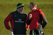 2 December 2014; Munster head coach Anthony Foley, left, and technical advisor Mick O'Driscoll in conversation during squad training ahead of their European Rugby Champions Cup 2014/15, Pool 1, Round 3, game against ASM Clermont Auvergne on Saturday. Munster Rugby Squad Training, University of Limerick, Limerick. Picture credit: Diarmuid Greene / SPORTSFILE