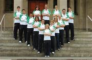 24 July 2007; Members of the Irish Team who will be competing in the World University Games, clockwise from front, Ailis McSweeney, athletics, Anne-Marie Hogan, tennis, Clare Dawson, swimming, Kieran Harte, soccer, Colin O'Brien, tennis, Kevin Stacy, swimming, Nikita Burke, soccer, Florry O'Connell, swimming, Yvonne McMonigle, soccer, Eoin Everard, athletics, Mark Casserly, Taekwondo, Eileen O'Keeffe, hammer, Orla Drumm, athletics, and Leigh Walsh, tennis. The 24th Universiade will take place in Bangkok, Thailand from August 7th - 18th, and Ireland will have approximately a 76 strong team competing in seven sports - Football, Golf, Tennis, Taekwando, Swimming, Fencing and Athletics. Pavillion Bar, Trinity College, Dublin. Picture credit: Pat Murphy / SPORTSFILE