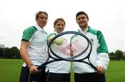 24 July 2007; Tennis players, from left, Anne-Marie Hogan, Leigh Walsh, and Colin O'Brien at the announcement of the Irish Team who will be competing in the World University Games. The 24th Universiade will take place in Bangkok, Thailand from August 7th - 18th, and Ireland will have approximately a 76 strong team competing in seven sports - Football, Golf, Tennis, Taekwando, Swimming, Fencing and Athletics. Pavillion Bar, Trinity College, Dublin. Picture credit: Pat Murphy / SPORTSFILE