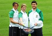 24 July 2007; Tennis players, from left, Anne-Marie Hogan, Leigh Walsh, and Colin O'Brien at the announcement of the Irish Team who will be competing in the World University Games. The 24th Universiade will take place in Bangkok, Thailand from August 7th - 18th, and Ireland will have approximately a 76 strong team competing in seven sports - Football, Golf, Tennis, Taekwando, Swimming, Fencing and Athletics. Pavillion Bar, Trinity College, Dublin. Picture credit: Pat Murphy / SPORTSFILE