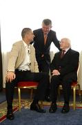 25 July 2007; At the announcement that TG4 will televise live all 3 games of Sunderland FC's Pre-Season Tour of Ireland, are, from left, Niall Quinn, Chairman, Sunderland FC, Pol O Gallchoir, Chief Executive, TG4, and Michael D Higgins, TD, President, Galway United FC. The Berkley Court Hotel, Dublin. Picture credit: Brendan Moran / SPORTSFILE