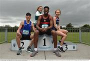 31 May 2016; Anu Anonusi, centre, Shot Put and Discus thrower from Kilkenny College with, from left Jordan Hoang, Triple Jumper, from Colaiste Choilm, Co. Cork, Michelle Finn from Leevale AC who has secured qualifying standard for the 3K steeplechase for the 2016 Olympics, and Laura Whitelaw 800m runner from Loreto Mullingar, during the GloHealth All Ireland Schools’ Track & Field Championships 2016 Launch in Tullamore Harriers Sports Complex, Co. Offaly. Photo by Matt Browne/Sportsfile
