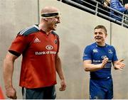 29 March 2014; Brian O'Driscoll, Leinster, and Paul O'Connell, Munster, share a moment after the game. Celtic League 2013/14, Round 18, Leinster v Munster, Aviva Stadium, Lansdowne Road, Dublin. Picture credit: Brendan Moran / SPORTSFILE