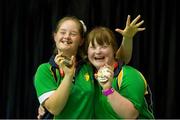 17 September 2014; Team Ireland's Shona Gregan, left, from Gorey, Co Wexford, and a member of Gorey Special Olympics Club, and Shauna Bloom, from Dundrum, Co Tipperary, and a member of Tipperary Special Olympics Club, after both were presented with Silver Medals they won, in their respective divisions, at the Badminton singles event in the Antwerp Expo. 2014 Special Olympics European Games, Antwerp, Belgium. Picture credit: Ray McManus / SPORTSFILE