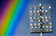 9 November 2014; A general view of a rainbow over the floodlights at O'Moore Park. AIB Leinster GAA Football Senior Club Championship, Quarter-Final, Portlaoise v St Vincent's, O'Moore Park, Portlaoise, Co. Laois. Picture credit: Piaras Ó Mídheach / SPORTSFILE