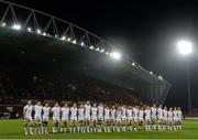28 November 2014; The Ulster team observe the minute's silence in honour of Jack Kyle, the former Ulster and Ireland outhalf. Guinness PRO12, Round 9, Munster v Ulster, Thomond Park, Limerick. Picture credit: Stephen McCarthy / SPORTSFILE
