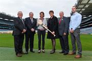 3 December 2014; At the launch of the 2015 Liberty Insurance GAA National Games Development Conference are, from left, Rounders President Joe O'Donoghue, Uachtarán Chumann Lúthchleas Gael Liam Ó Néill, former World Champion, European Champion and World Cross Country Champion Sonia O’Sullivan, President of the Camogie Association Aileen Lawlor, Ladies Gaelic Football Association president Pat Quill and National Development Officer Darragh Daly. The theme for the conference, which takes place in Croke Park on January 09th and 10th, is “Putting Youth into Perspective”. Sonia O’Sullivan is the Liberty Insurance guest speaker at the conference, and will be presenting on the topic of Motivating and Maintaining Youth Participation in Sport. Croke Park, Dublin. Picture credit: Ramsey Cardy / SPORTSFILE