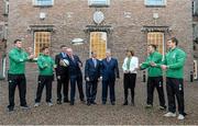 5 December 2014; In attendance at the announcement of the Irish Rugby Football Union, Irish Government and the Northern Ireland Executives' intention to submit a bid to host the 2023 Rugby World Cup in Ireland are, from left, Ireland players Robbie Henshaw and Paddy Jackson; Philip Browne, IRFU Chief Executive; Martin McGuinness MLA, deputy First Minister, Northern Ireland Executive; An Taoiseach Enda Kenny TD; Peter Robinson MLA, First Minister, Northern Ireland Executive; Tánaiste and Minister for Social Protection Joan Burton TD; and Ireland players Jordi Murphy and Andrew Trimble. Royal School, College Hill, Armagh. Picture credit: Oliver McVeigh / SPORTSFILE