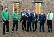 5 December 2014; In attendance at the announcement of the Irish Rugby Football Union, Irish Government and the Northern Ireland Executives' intention to submit a bid to host the 2023 Rugby World Cup in Ireland are, from left, Ireland players Robbie Henshaw and Paddy Jackson; Philip Browne, IRFU Chief Executive; Martin McGuinness MLA, deputy First Minister, Northern Ireland Executive; An Taoiseach Enda Kenny TD; Peter Robinson MLA, First Minister, Northern Ireland Executive, and Tánaiste and Minister for Social Protection Joan Burton TD. Royal School, College Hill, Armagh. Picture credit: Oliver McVeigh / SPORTSFILE