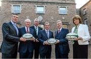 5 December 2014; In attendance at the announcement of the Irish Rugby Football Union, Irish Government and the Northern Ireland Executives' intention to submit a bid to host the 2023 Rugby World Cup in Ireland are, from left, Philip Browne, IRFU Chief Executive; Martin McGuinness MLA, deputy First Minister, Northern Ireland Executive;  Louis Magee, IRFU President; An Taoiseach Enda Kenny TD; Peter Robinson MLA, First Minister, Northern Ireland Executive, and Tánaiste and Minister for Social Protection Joan Burton TD. Royal School, College Hill, Armagh. Picture credit: Oliver McVeigh / SPORTSFILE