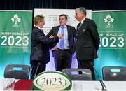 5 December 2014; In attendance at the announcement of the Irish Rugby Football Union, Irish Government and the Northern Ireland Executives' intention to submit a bid to host the 2023 Rugby World Cup in Ireland are, from left, An Taoiseach Enda Kenny TD, Philip Browne, IRFU Chief Executive, and Louis Magee, IRFU President. Royal School, College Hill, Armagh. Picture credit: Oliver McVeigh / SPORTSFILE