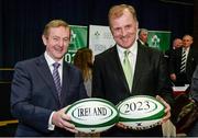 5 December 2014; In attendance at the announcement of the Irish Rugby Football Union, Irish Government and the Northern Ireland Executives' intention to submit a bid to host the 2023 Rugby World Cup in Ireland is An Taoiseach Enda Kenny TD, left, with former Ireland rugby international Hugo MacNeill. Royal School, College Hill, Armagh. Picture credit: Oliver McVeigh / SPORTSFILE