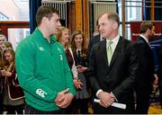 5 December 2014; In attendance at the announcement of the Irish Rugby Football Union, Irish Government and the Northern Ireland Executives' intention to submit a bid to host the 2023 Rugby World Cup in Ireland is former Ireland rugby international Hugo MacNeill, right, speaking with current Ireland rugby international Robbie Henshaw. Royal School, College Hill, Armagh. Picture credit: Oliver McVeigh / SPORTSFILE