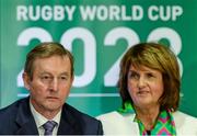 5 December 2014; In attendance at the announcement of the Irish Rugby Football Union, Irish Government and the Northern Ireland Executives' intention to submit a bid to host the 2023 Rugby World Cup in Ireland are An Taoiseach Enda Kenny TD, left, and Tánaiste and Minister for Social Protection Joan Burton TD. Royal School, College Hill, Armagh. Picture credit: Oliver McVeigh / SPORTSFILE